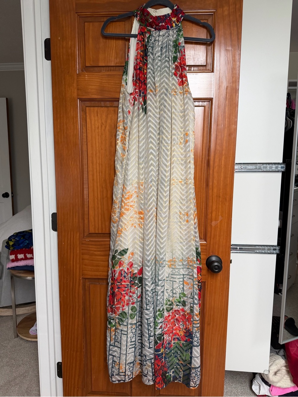 Maxi Halter Floral Garden Printed Dress in Cream and Red